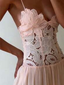 Sexy Spice Girl Casual Vacation Wind Embroidery Water Soluble Lace Hollow Splicing Chiffon Suspender Dress - 粉色 - 查看 5