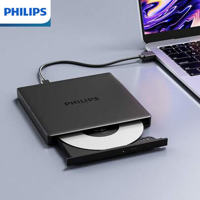 PHILIPS 飞利浦高速外置CD/DVD光驱，轻巧便携设计，USB即插即用，无需驱动，完美兼容笔记本电脑/台式机等设备，支持CD/DVD光盘读取和刻录，轻松实现数据备份、音乐播放、软件安装等功能，超静音运行，稳定可靠！