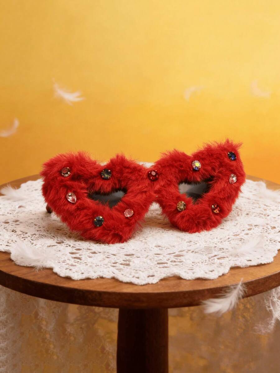 1 Cặp kính thời trang hình trái tim đính đá nhung đỏ, kính thời trang nhung dễ thương phong cách Y2K Millennium Girl, phụ kiện chụp ảnh dự tiệc Giáng sinh, Năm mới, Sinh nhật, quà tặng - Nhiều màu - Xem 1