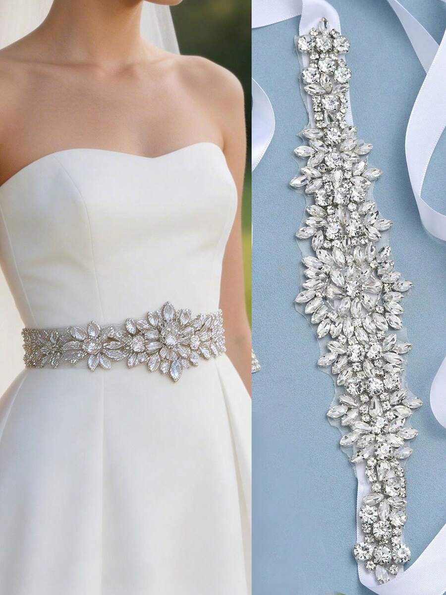 1 pieza Cinturón nupcial de mujer con aplique de diamante y cinta de satén de aleación de plata, accesorio para ceremonia de boda, decoración de cintura para la novia - Blanco - Ver 1