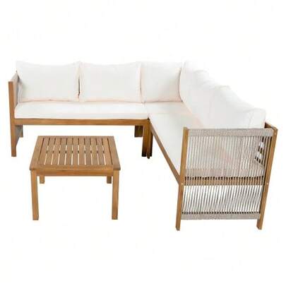 Garden Furniture Set, Corner Sofa + Coffee Table, Acacia Frame And Top, Rope Braiding, Beige.