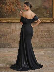 Smilprince Vestido de noche formal largo, vestido de fiesta de estilo sirena con mangas tipo capa, hombros descubiertos, de punto elástico medio y fruncido - Negro - Ver 2