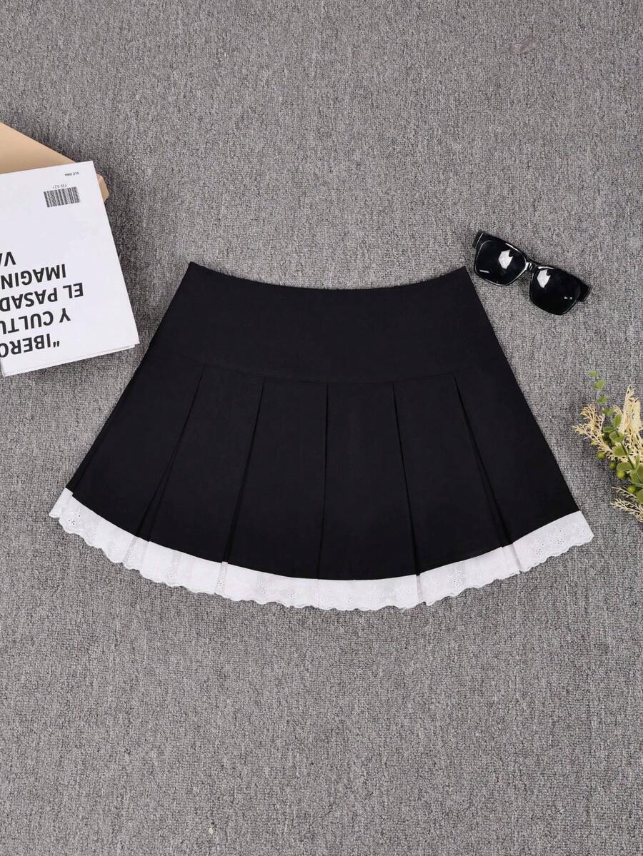 Falda plisada de cintura alta con dobladillo de gasa de contraste, estilo casual de vacaciones y escuela para mujer, primavera - Negro - Ver 1