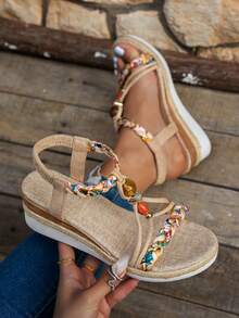 Khaki Women's Sandals, Summer Wedge Thick Bottom Sandals, Handmade Beaded Sandals, Lightweight Vacation Bohemian Style Outdoor Sandals, Travel Essential - Khaki - View 1