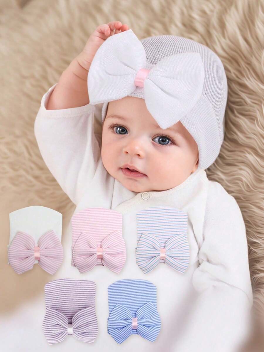 1 Mũ len mềm mại cho bé sơ sinh 0-3 tháng tuổi, có nơ sọc tháo rời, dễ thương, ấm áp, thích hợp mặc hàng ngày. - 1PC - Xem 1