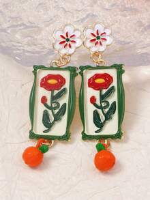 一对优雅复古合金印花花卉吊坠耳环，适合女性日常、休闲、度假和送礼佩戴 - 復古花朵 - 查看 2