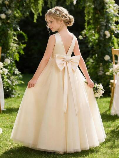 Vestido de fiesta elegante de princesa con lazo 3D con cuentas para niña preadolescente, color champán, adecuado para fiestas de cumpleaños, bailes de graduación, banquetes, niña de las flores en bodas, dama de honor