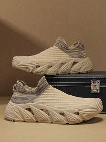 Slip-On Breathable Mesh Men's Shoes, New Summer Thick Sole Anti-Slip Durable Lightweight Mesh Sneakers - Khaki - View 4