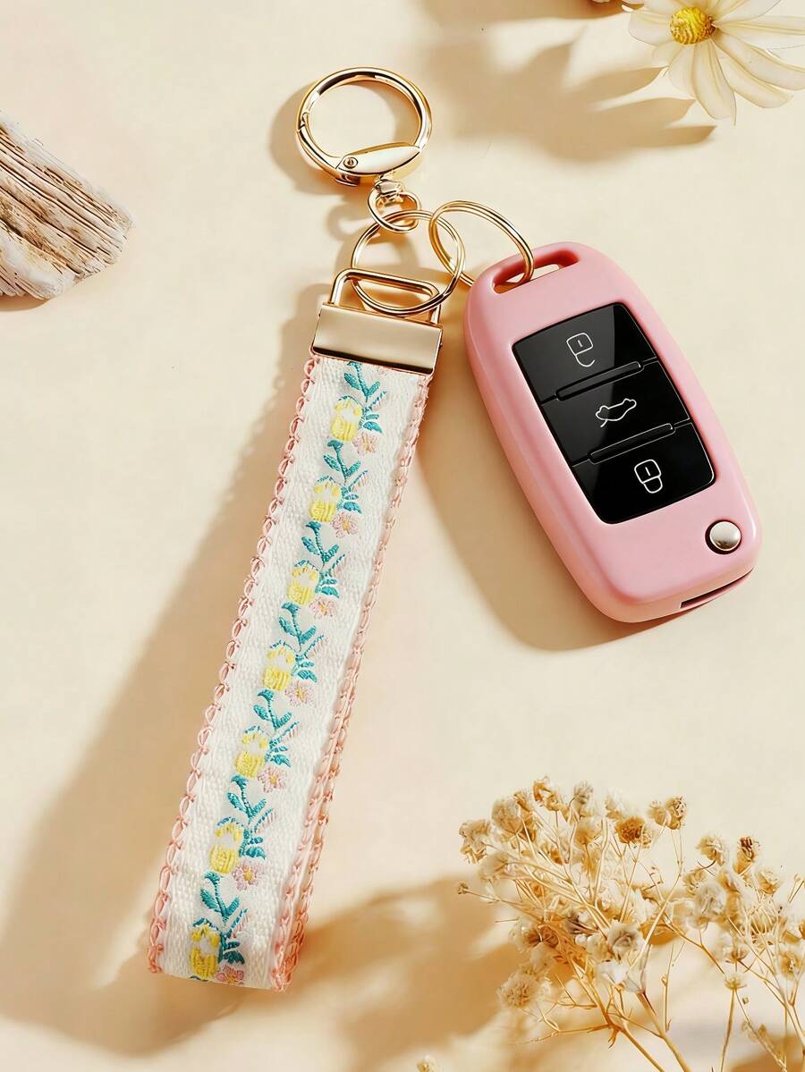 1pc Pink Zinc Alloy Gold Light Bulb Keychain, Bohemian Style Small Flower Webbing Bag Charm, Women's Car Accessories Key Chain, Suitable For Hanging In Handbags, Wrist Bags, Mobile Phones, Car Keys, Graduation Gifts, Mother's Day, Nurses Day Party Gifts - Multicolor - View 1