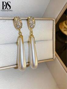 一对水滴形仿珍珠水钻耳环，时尚镀金优雅吊坠耳环，奢华水钻首饰 - 白色 - 查看 1