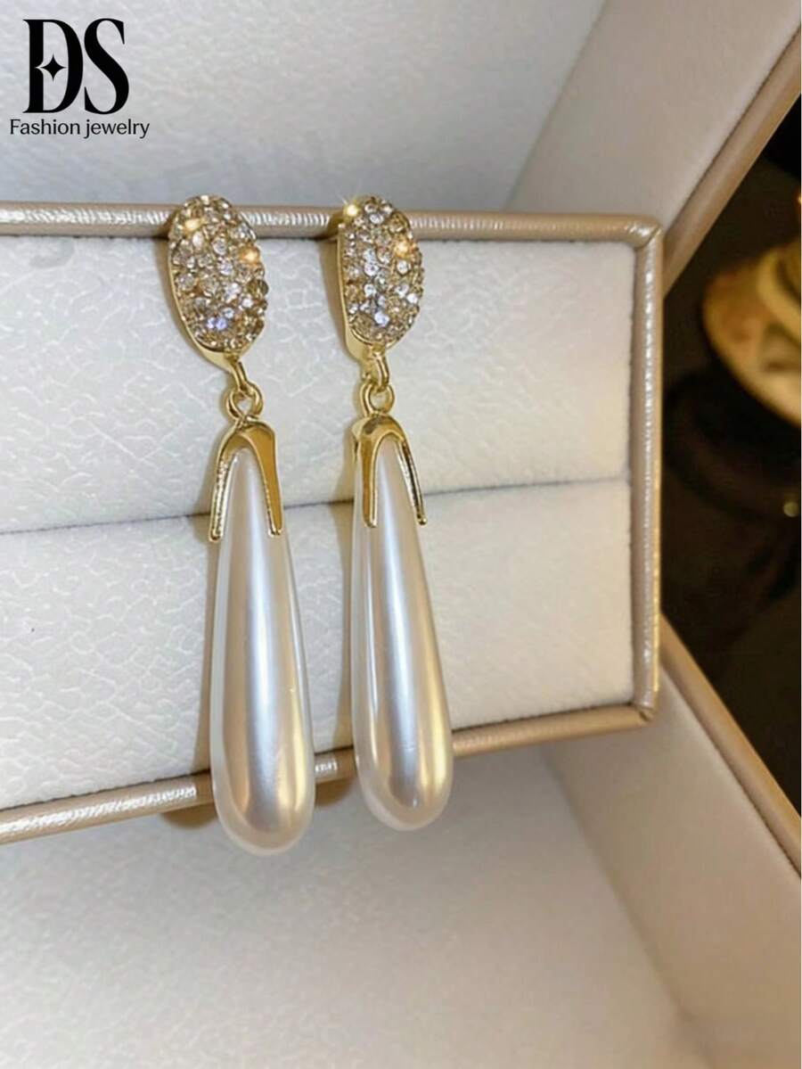 一对水滴形仿珍珠水钻耳环，时尚镀金优雅吊坠耳环，奢华水钻首饰 - 白色 - 查看 1