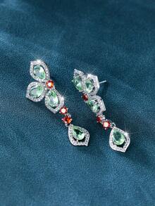 Vanel 1Pair Elegant Silvery Floral Green & Red Cubic Zirconia Drop Earrings For Women, Paved CZ Dangle Earrings, Fashion Statement Jewelry For Daily Wear & Party - Silver-multicolor - View 4