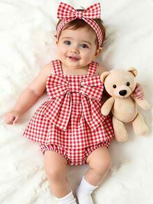 Tutina senza maniche per neonata e bambina, carina a quadri, con decorazione fiocco 3D e design con bottoni, colore rosso, adatta per San Valentino, regalo di compleanno, uso quotidiano, primavera/estate - Rosso - Visualizzare 4