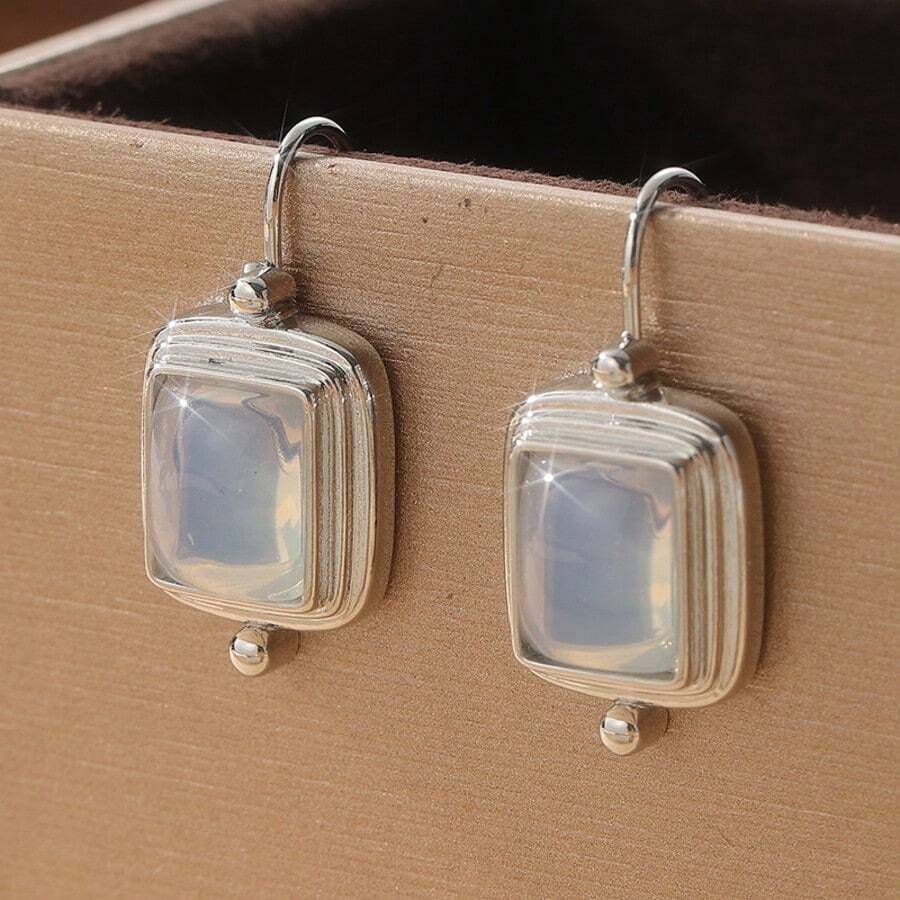 1 Pair Minimalist Square Cubic Zirconia Pendant Earrings, Suitable For Daily Wear, Dates, Parties, Ideal Gift For Friends And Family - Silver - View 1