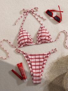 女士性感露背高开衩波西米亚风比基尼套装，饰有打结细节，采用弹力面料，适合女性穿着，适合复活节、派对、音乐节、情人节等场合；女士沙滩装；女士毕业季度假装；女士优雅沙滩泳装；女士沙滩比基尼泳装；女士泳装；女士泳衣；夏季度假装 - 彩色 - 查看 4