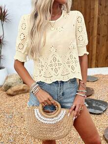 Blusa de mujer primavera/verano de tela unicolor con bordado floral y manga elástica tipo loto - Albaricoque - Ver 6