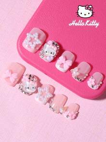 SANRIO Bộ 24 móng tay giả ngắn hình vuông kiểu Pháp, trang trí 3D dễ thương với hình ngôi sao, hoa, nơ, ngọc trai và đá quý, màu hồng dành cho bé gái, vừa khít, bao gồm 1 keo dán và 1 dũa móng, dụng cụ làm móng cho bé gái sử dụng hàng ngày, dự tiệc và tụ họp. - Nhiều màu - Xem 2