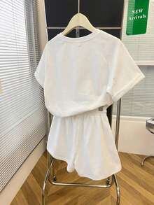 2件/1套 女款高品質新款休閒寬鬆純色水鑽裝飾圓領短袖T恤與短褲套裝 白色夏季優雅 - 白色 - 查看 6
