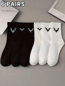 6 Paar Fledermaus-Muster Knöchelsocken, Gothic Stil, bequem für den täglichen Gebrauch, Schwarz & Weiß Optionen, Herbst Serie - Verschiedenfarbig - Übersicht 12