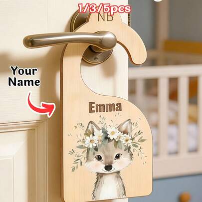 1/3/5pcs Custom Kids Wooden Clothes Hanger, Personalized Name Cute Animal Kids Hanger, High-Quality Smooth Wood Clothing Hanger, Floral Wolf Design With Initial, Perfect For Easter, Mother's Day, Father's Day, Baby Shower, Birthday, Ideal For Kids Wardrobe, Nursery Closet, Baby Clothes Organizer & Children's Keepsakes