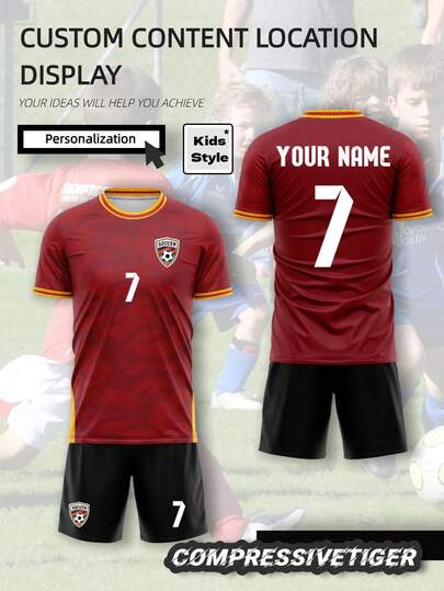 2pcs/Set Personalized Football Jersey For Toddler Boys - Customizable Name & Number Print Striped Decor Short Sleeve T-Shirt + Shorts Set, Quick-Dry Sports Outfit, Ideal Gift, Multifunctional, Decorative, Lettering Design, Fashionable, Modern, Colorful, Cute, Casual, Customizable, Personalized, Unique, Custom, Baby Gift, Ideal Gift For Him, Ideal Gift For Her, Son, Daughter