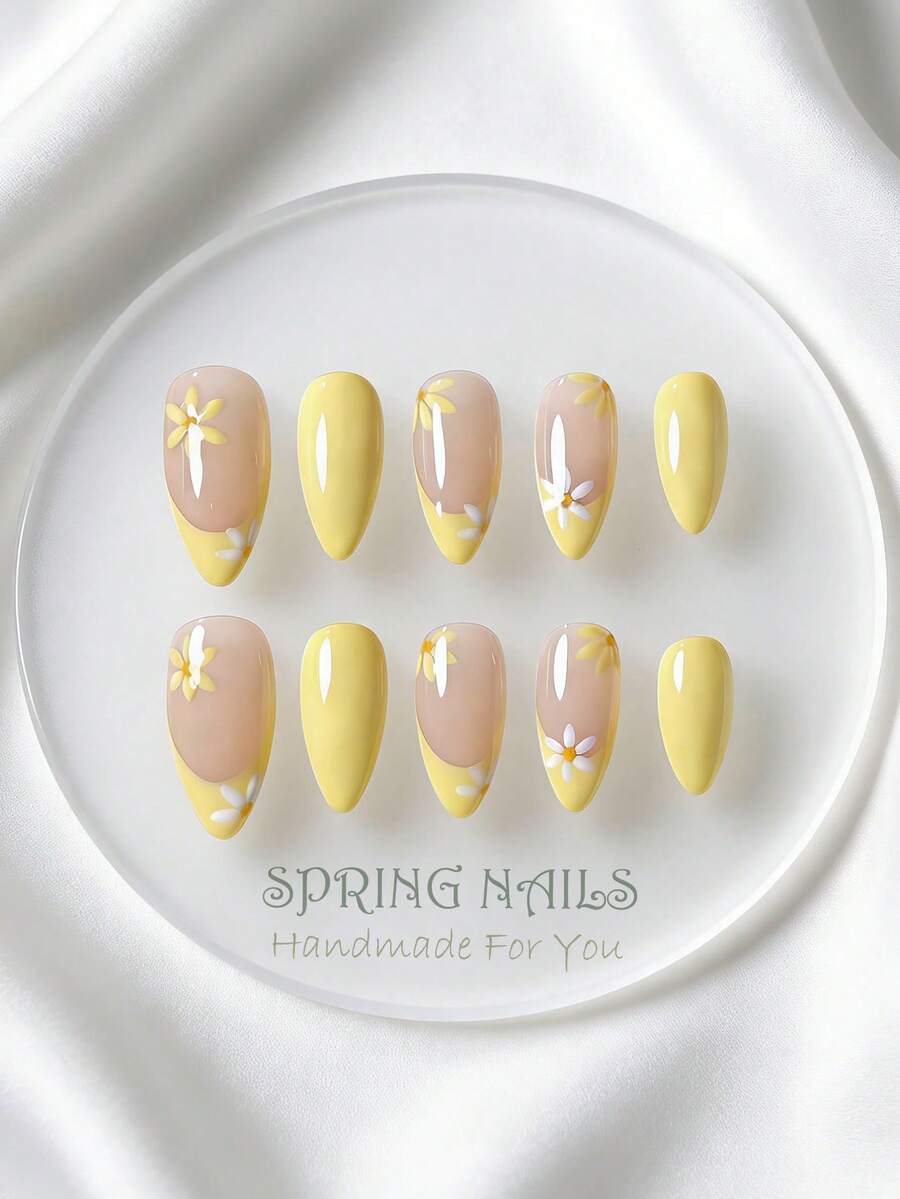 10片手工软黄法式彩绘雏菊、粉色扎染、天蓝色水波纹、3D雕刻星星可爱温柔假指甲贴纸，适合春夏 - 黃色 - 查看 1