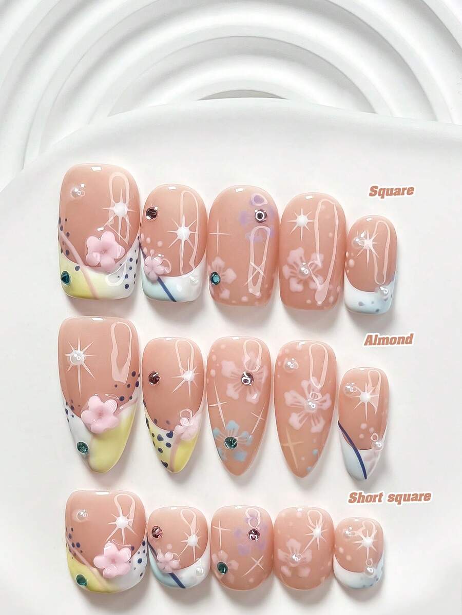 Bộ dụng cụ làm móng tay thủ công kiểu ngọt ngào 10 món, bao gồm bộ dụng cụ làm móng gel, họa tiết hoa 5 cánh màu hồng, họa tiết hoa 5 cánh màu xanh và hồng, họa tiết sọc xanh và trắng, sơn móng tay màu trắng, kèm theo dụng cụ làm móng (1 miếng dán gel + 1 dũa móng), 3 kích cỡ: vuông, vuông ngắn, hình hạnh nhân. - Nhiều màu - Xem 1