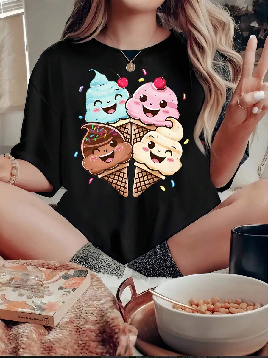 [Whimsical T-Shirt] Soft Women's Casual Short Sleeve T-Shirt |   Playful Ice Cream & Confetti Print, Machine Washable Comfortable Tee For Casual Attire, Nontransparent Material, Ladies T Shirts, Whimsical Design, Summer Top - 黑色 - 查看 1