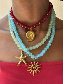 Multi-Layer Beach Vacation Necklace For Women, Fashion Starfish & Shell Beaded Necklace, Bohemian Ocean Series - Necklace - View 2
