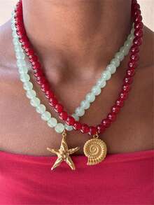 Multi-Layer Beach Vacation Necklace For Women, Fashion Starfish & Shell Beaded Necklace, Bohemian Ocean Series - Necklace - View 1