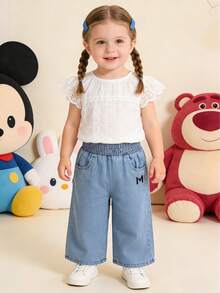 New Embroidered Letter Casual Everyday Denim Jeans For Baby Girl - Baby Blue - View 2