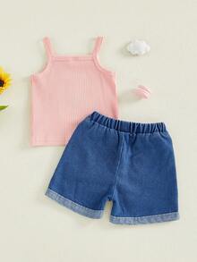 Conjuntos de 2 Piezas para Niñas Pequeñas Top Cami Sin Mangas con Cuello Cuadrado y Bordado de Flores y Pantalones Cortos de Mezclilla - Rosa - Ver 2