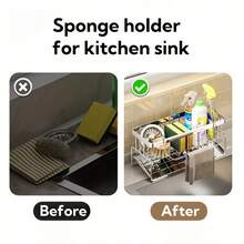 Stainless Steel Kitchen Sink Organizer With Drainage Function, Multi-Functional Kitchen Sink Storage Rack, Suitable For Storing Cleaning Sponges, Dishcloths, Soap Bottles And Other Cleaning Tools, Space-Saving Design, Perfect For Modern Kitchens. Elegant And Sophisticated Appearance, Waterproof And Rust-Proof Material. Eliminates Countertop Clutter, Enhances Quality Of Life. Easter Gift, Mother's Day Gift. Perfect Gift Choice. - Multicolor - View 9