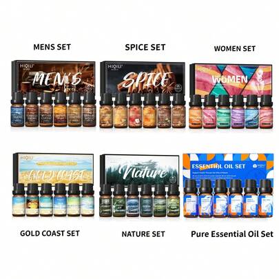  HIQILI香氛精油套装，6瓶*10毫升优质精油，适用于香薰机、加湿器、DIY香水、肥皂和蜡烛制作，最佳礼品 - 男女皆宜的天然香料黄金海岸香氛精油套装和纯精油套装