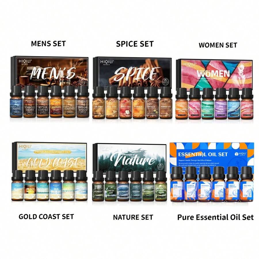 HIQILI香氛精油套装，6瓶*10毫升优质精油，适用于香薰机、加湿器、DIY香水、肥皂和蜡烛制作，最佳礼品 - 男女皆宜的天然香料黄金海岸香氛精油套装和纯精油套装