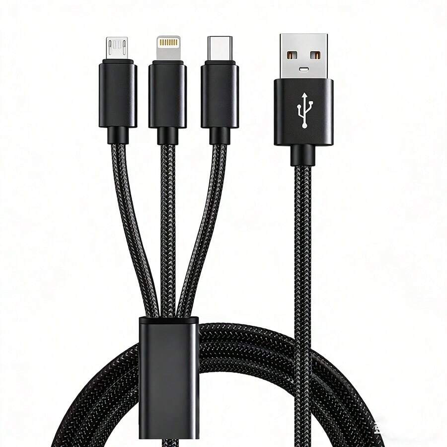 三合一快充线，兼容等设备。兼容 14/13/12/11/SE/X/8/7/6，耐用尼龙编织线，支持USB充电，三合一快充线，配备Type-C和Lightning接口，柔软耐用，三种输出选项，兼容、安卓手机和平板电脑，AC转手机，USB Type-C，Lightning充电线