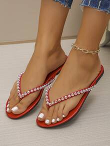 1 Pair Women's New Minimalist Fashion Beaded Flat Thong Sandals, Classic Versatile Beach Slippers, Elegant Summer Outdoor Wear - Red - View 3