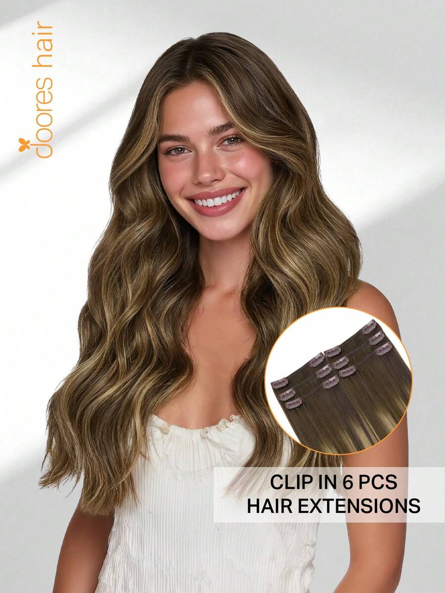 DOORES 6件装(含12个夹子)夹式真人发接发片,12-24英寸无缝Remy真人发接发片,双层缝制,适合女性日常佩戴,增加头发厚度和长度,打造自然造型 - S4/27/4 - 查看 1