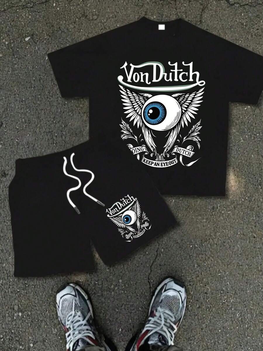 Eye Wing V-On D-Utch Logo Print 2Pcs Men's 100 Percent Cotton Summer Short Sleeve T-Shirt And Shorts Set Casual Daily Wear Beach And Vacation Outfit - 黑色 - 查看 1