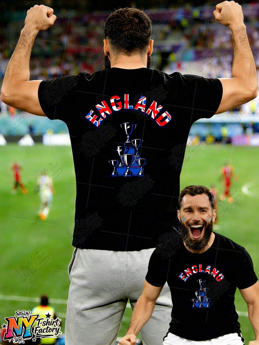 Camiseta de manga corta para hombre con diseño del trofeo de fútbol de Inglaterra, estampado en la espalda, camiseta de fútbol de alta calidad, nuevo regalo 2026 para aficionados al fútbol, estilo casual para celebraciones en el estadio y días de partido. - Negro - Ver 1