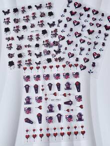 3pcs Embossed Mysterious Butterfly Skull Nail Art Stickers, Red Heart & Rose Nail Sliders, Shiny Gloss Effect, Asymmetrical Shape, Suitable For Women's Manicure, Pedicure, Holiday Decoration - Multicolor - View 4
