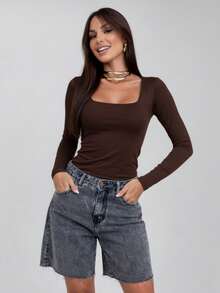 Set Of 3 Women's Second Skin Baby Look Blouses, Long Sleeve, Square Neck, Basic Shaping, Soft Supplex Fabric, Lined, Elastic, Premium Casual Fashion, Versatile, - 咖啡米色可可色 - 查看 3