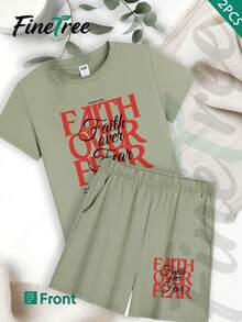 FINETREE  2-Piece Set Women's T-Shirt & Shorts 2-Piece Set – 2026 New Year & Valentine's Day Outfit, Soft Skin-Friendly Fabric, Ideal For St. Patrick's Day & Back-To-School Season, Exclusive For Teachers, Perfect Holiday Gift Choice-Faith Over Fear T Shirt With Bible Verse 2 Corinthians 5 7 Christian Cross Print Women Casual Loose Fit Comfortable Cotton Top For Everyday Wear Spiritual Inspiration Outfit For Believers And Faithful Souls - Màu xanh Bạc hà - Xem 2