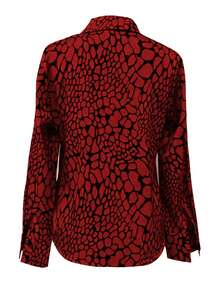 Classic Snake Skin Print Satin Sexy Alluring Shirt, Niche Design Versatile Slim Fit Vacation Spring Red - Red - View 3