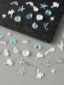 12格極光珍珠光澤海洋主題釘飾美甲飾品 樹脂海星、海螺、海豚、貝殼、美人魚尾、椰子樹、海馬 夏季藍色海洋美甲寶石 Y2K 日系美甲用品 - 彩色 - 查看 4