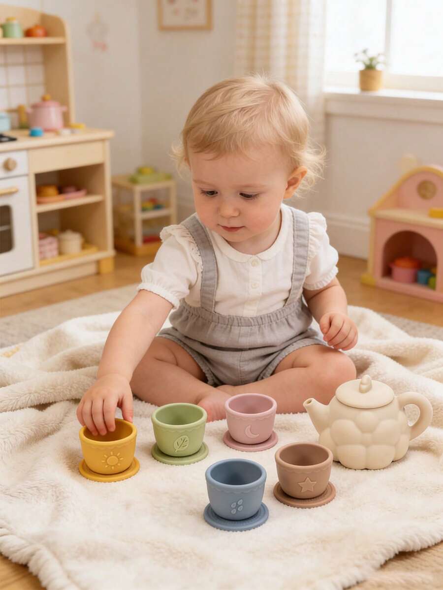 一套硅胶逼真天气主题儿童茶具玩具，包括带纹理的茶壶和带图案的茶杯，适合婴幼儿使用。 - 彩色 - 查看 1