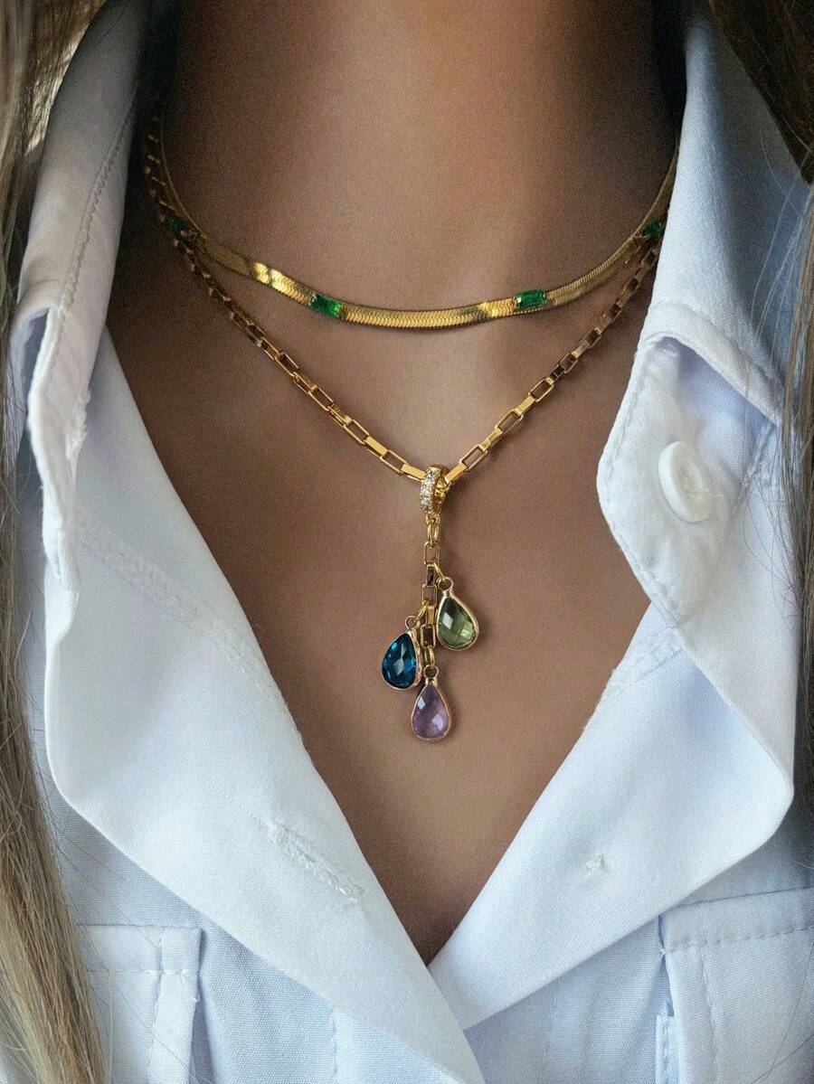 2pcs Fashionable Women's Necklace, Choose Favorite Teardrop Pendant Color. Minimalist & Elegant, Suitable As Gift - Gold - View 1