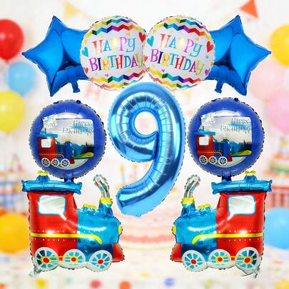 Globo con número azul de 32", globo con forma de tren rojo y azul de 26.7", globo estrella azul de 18", globos redondos con estampado de cumpleaños colorido, globos redondos con estampado de tren - Juego completo de globos con temática de tren para cumpleaños, adecuado para regalos de cumpleaños, decoraciones de 1er cumpleaños, fiesta de entusiastas del ferrocarril para niños, crea una atmósfera de fiesta con temática de tren divertida
