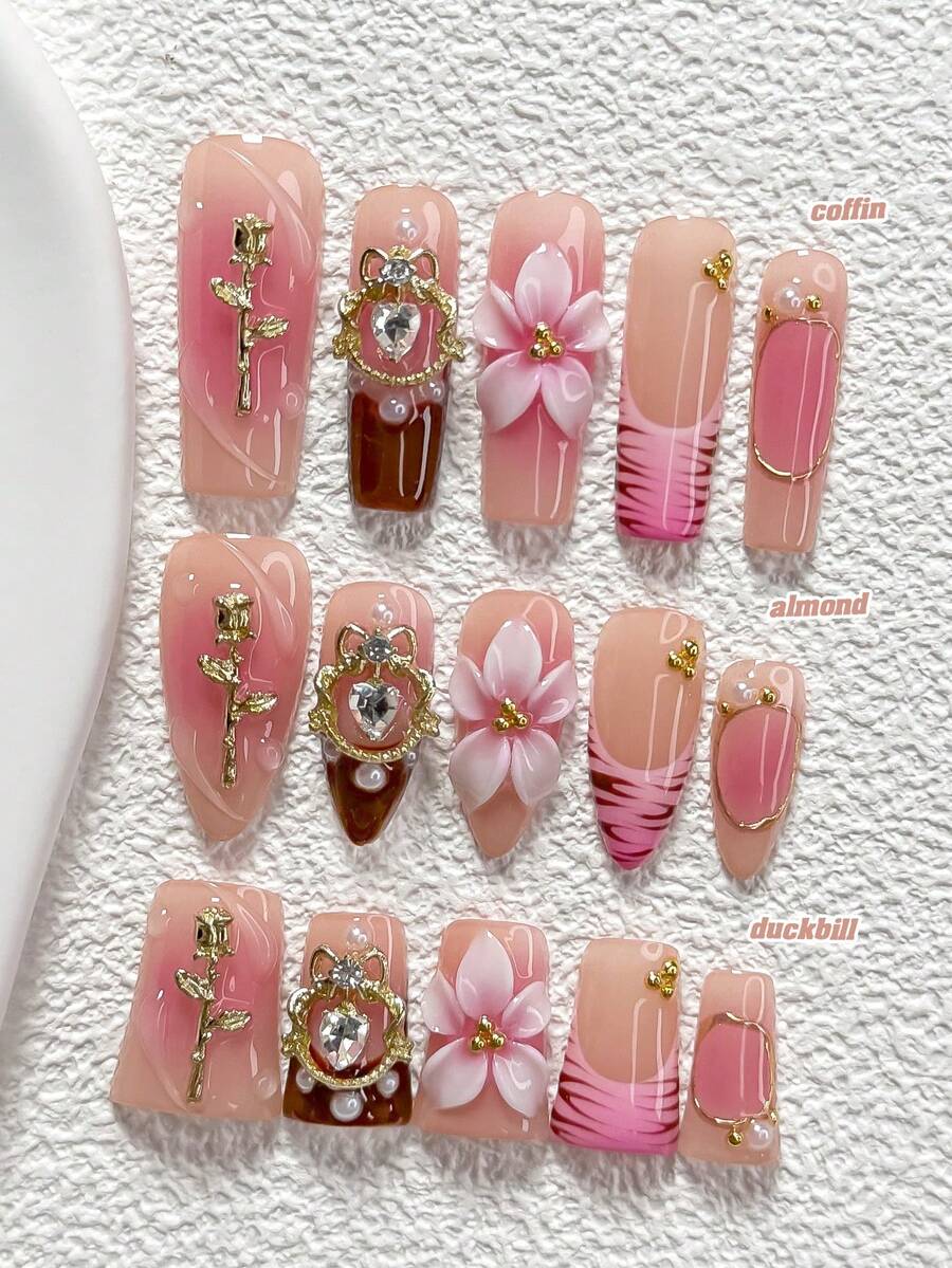 10Pcs Exquisite Golden Rose Style Handmade Nail Art Set,Polygel Nail Set,3D Roses, Heart Shaped Wreaths, Small Pearls Nail Art Accessories,Hand Pinched Five Petal Flower Nail Art Decorations,Pink Nail Polish,Light Luxury And Romantic Style,Comes With Nail Tools(1 Sheets Jelly Stickers+1PC Nail File)3 Sizes Available,Almond Nails, Duck Nails,Coffin Nails,Suitable For Reunion,Daily,Party,Photograph,Play,Spring Summer,Commute Supplies Nails - 彩色 - 查看 1