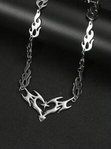 1pc Silver Punk Gothic Stylish Accessory, Iron Wire Flame Heart Pendant Necklace, Suitable For Men, Halloween Gift, Party Gift, Holiday Gift - Multicolor - View 2